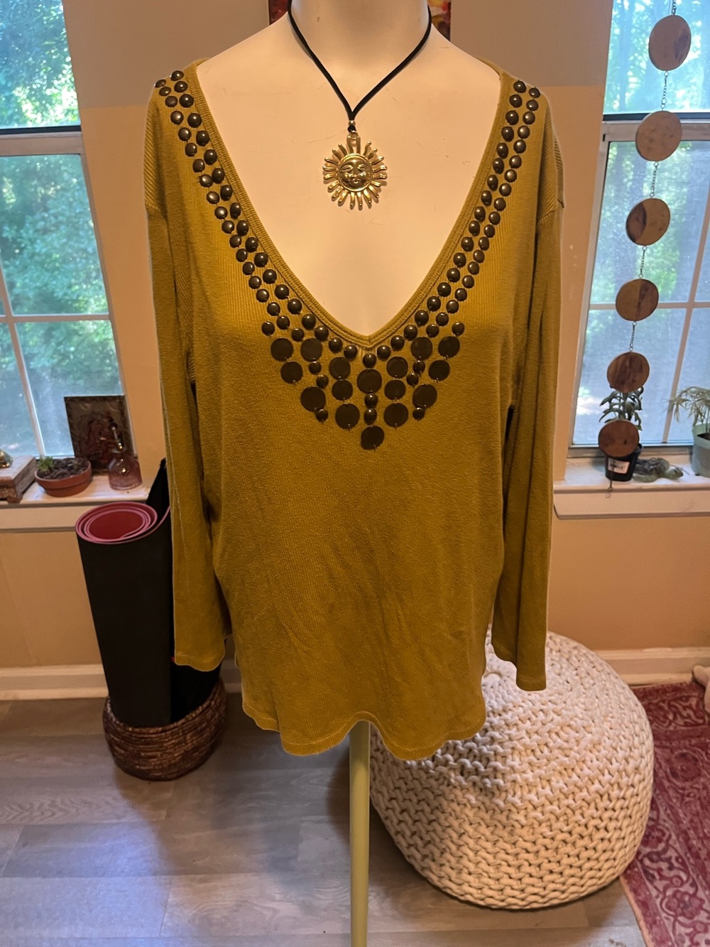 Michael Kors Olive Green V-Neck Studded Tunic Boho Glam